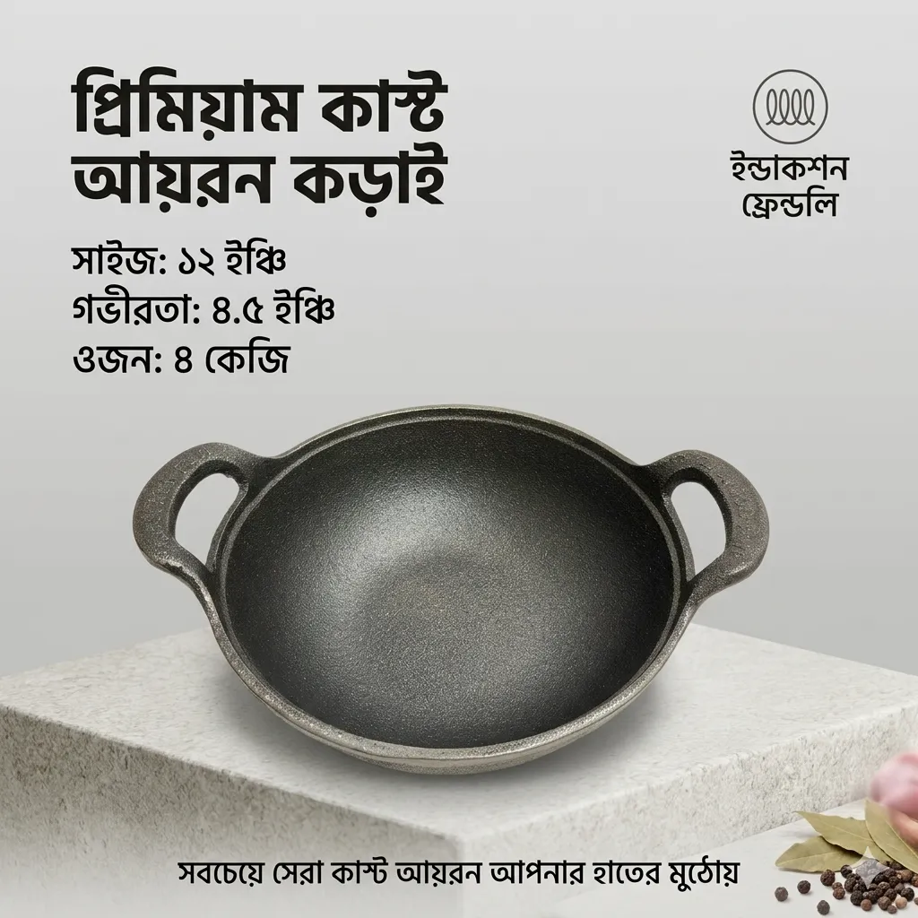 কাস্ট আয়রন বিগ সাইজ কড়াই সাইজ ১২ ইঞ্চি গভীরতা ৪.৫ ইঞ্চি ওজন ৪ কেজি প্লাস ইনডাকশন ফ্রেন্ডলি সম্পূর্ণ ন্যাচারাল