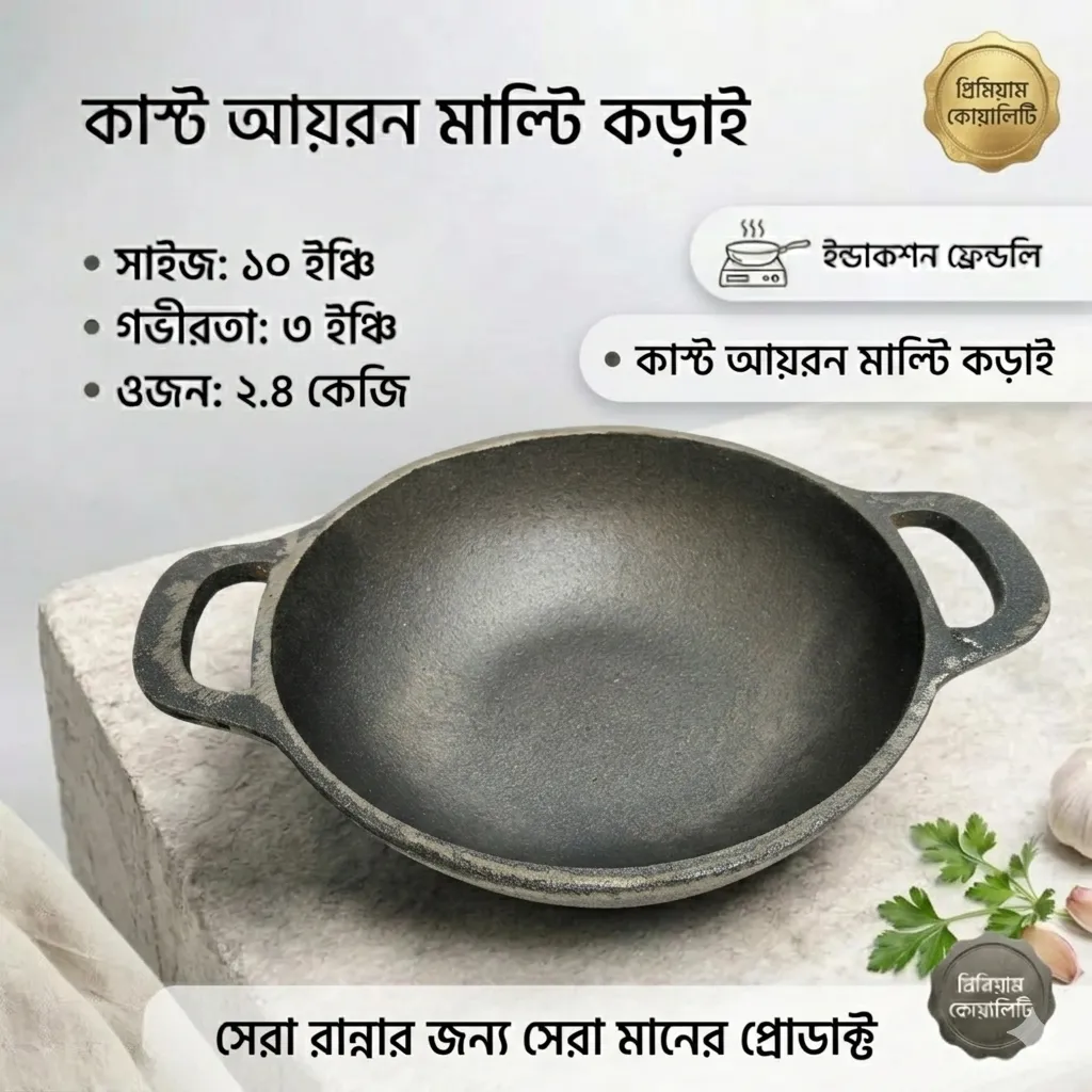 কাস্ট আয়রন এর মাল্টি প্যান করাই সাইজ ৯.৫ ইঞ্চি গভীরতা ৩ ইঞ্চি ওজন ২.৪ কেজি ইনডাকশন ফ্রেন্ডলি সম্পূর্ণ ন্যাচারাল