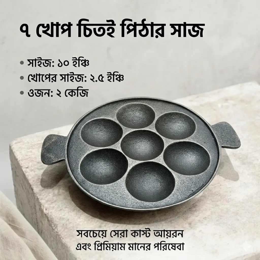 ৭ খোপ চিতই পিঠার সাজ সাইজ ১০ ইঞ্চি খোপের সাইজ ২.৫ ইঞ্চি ওজন ২ কেজি