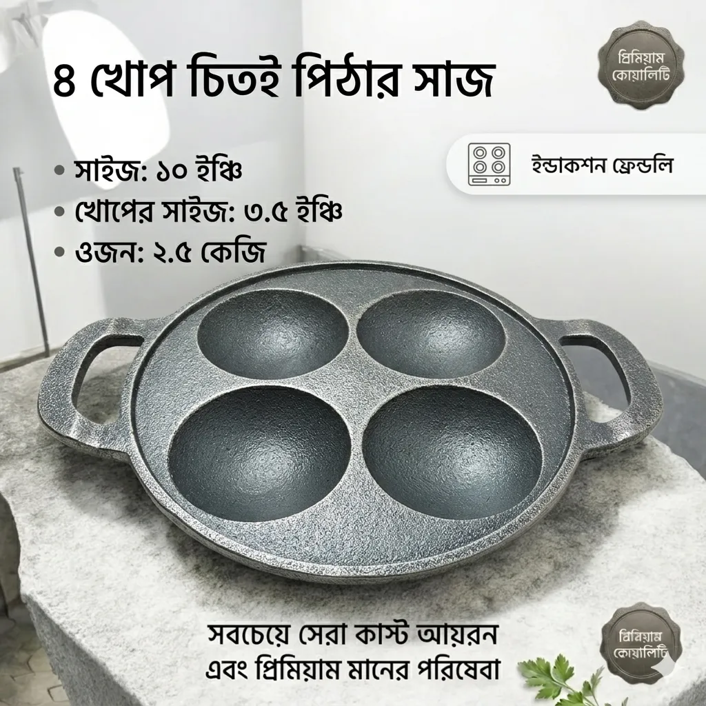 ৪ খোপ স্পেশাল চিতই পিঠার সাজ সাইজ ১০ ইঞ্চি খোপের সাইজ ৩.৫ ইঞ্চি ওজন ২.৫ কেজি